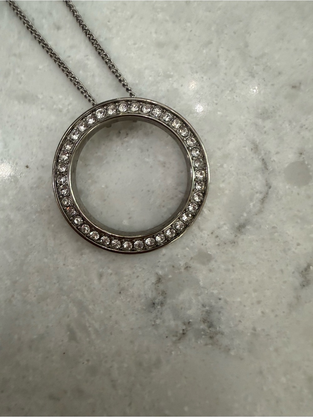 Sterling Tone Crystal Halo Circle Pendant Necklace - Silver